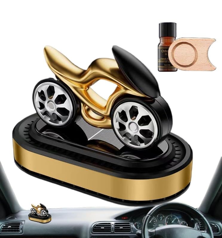 solar bike design rotating car air freshener – refillable dashboard air purifier, stylish autorotation decoration for car interior, eco friendly fragrance diffuser (gold) solar bike design rotating car air freshener – refillable dashboard air purifier, stylish autorotation decoration for car interior, eco friendly fragrance diffuser (gold)