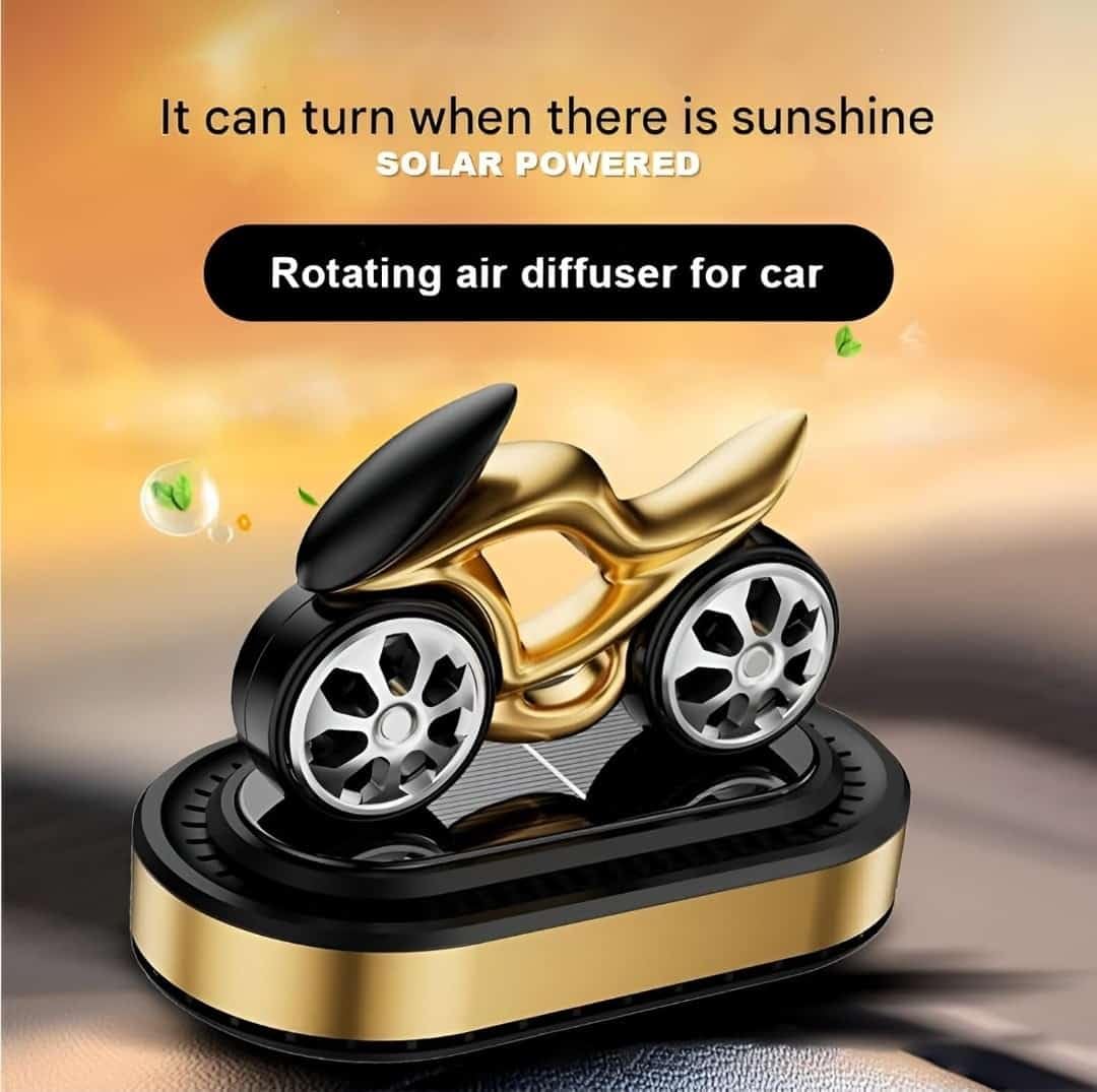 solar bike design rotating car air freshener – refillable dashboard air purifier, stylish autorotation decoration for car interior, eco friendly fragrance diffuser (gold) solar bike design rotating car air freshener – refillable dashboard air purifier, stylish autorotation decoration for car interior, eco friendly fragrance diffuser (gold)